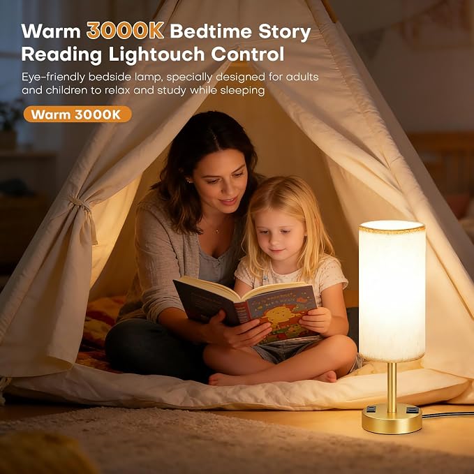 MOICO Bedside Table Lamp for Bedroom, 3-Way Dimmable Nightstand Lamp with USB C, USB A Ports & AC Outlet, Small Table Lamp Fabric Shade for Living Room Dorm Office, LED Bulb Included (14in Gold)