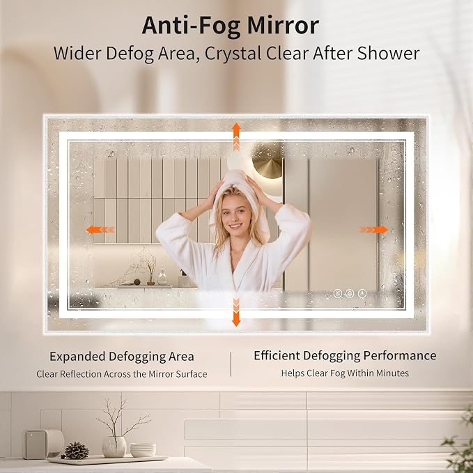 30"x50" LED Bathroom Mirror with Lights, Front & Backlit, Anti-Fog | Lighted Mirror with Dimmable, Aluminum Frame, 3 Color Temperature, CRI 90+, Touch Control with Memory, HD Tempered Glass