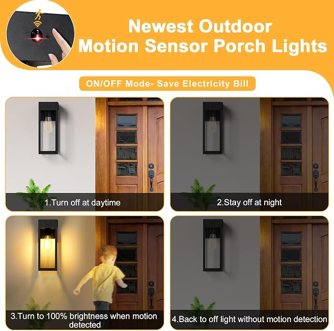 Porch Lights with GFCI Outlet, Large Motion Sensor Outdoor Lights | Dusk to Dawn, Anti-Rust, Waterproof, Tempered Glass, Easy Installation, E26 Socket, 2-Pack Black Exterior Lighting for Patio