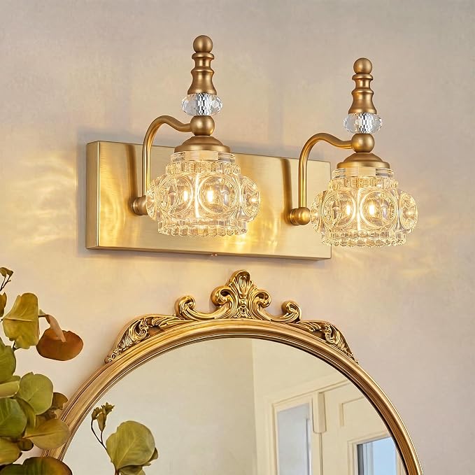 Modern Glass Crystal Vanity Light - Vintage Bathroom Lighting Fixtures Over Mirror, 2 Light Vanity Lights G9 Bulb (11.81 Inch,Brass)