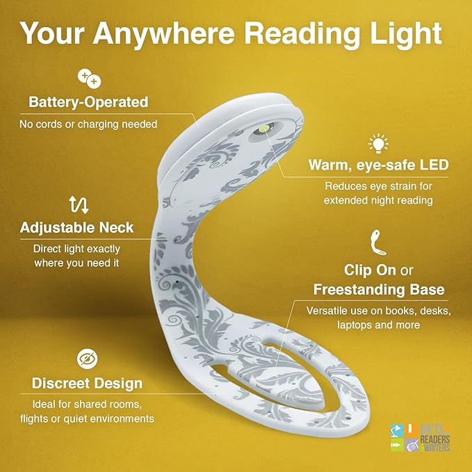 Gifts for Readers & Writers Book Light, Clip On Reading Light for Bed, 2in1 Flexilight & Bookmark, Small & Lightweight with a Soft Glow, 2 Batteries Included, White Flowers