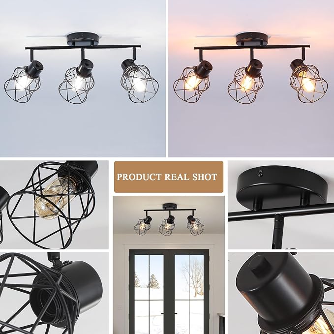 3 Lights Adjustable Multi-Directional Black Light Fixtures, Semi Flush Mount Ceiling Light, Kitchen Light Fixtures, Track Lighting Fixtures Metal Cage Industrial Spotlight Fixtures for Dining Room