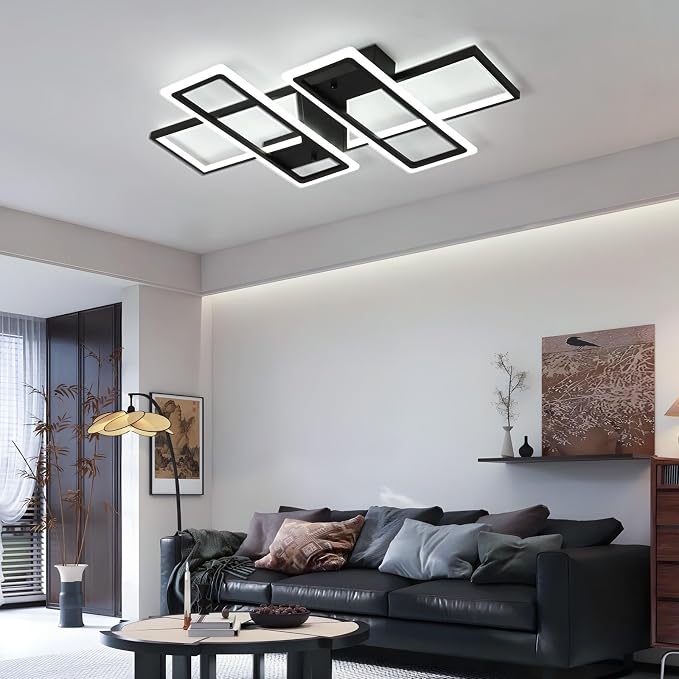 GEADI 35.4" Modern LED Ceiling Light, Dimmable Black Flush Mount Chandelier | 80W 4-Square Geometric Ceiling Lamp with Remote, 3000K-6500K Dimming, Memory, 4800 Lumens, Low Profile for Bedroom, Kitchen