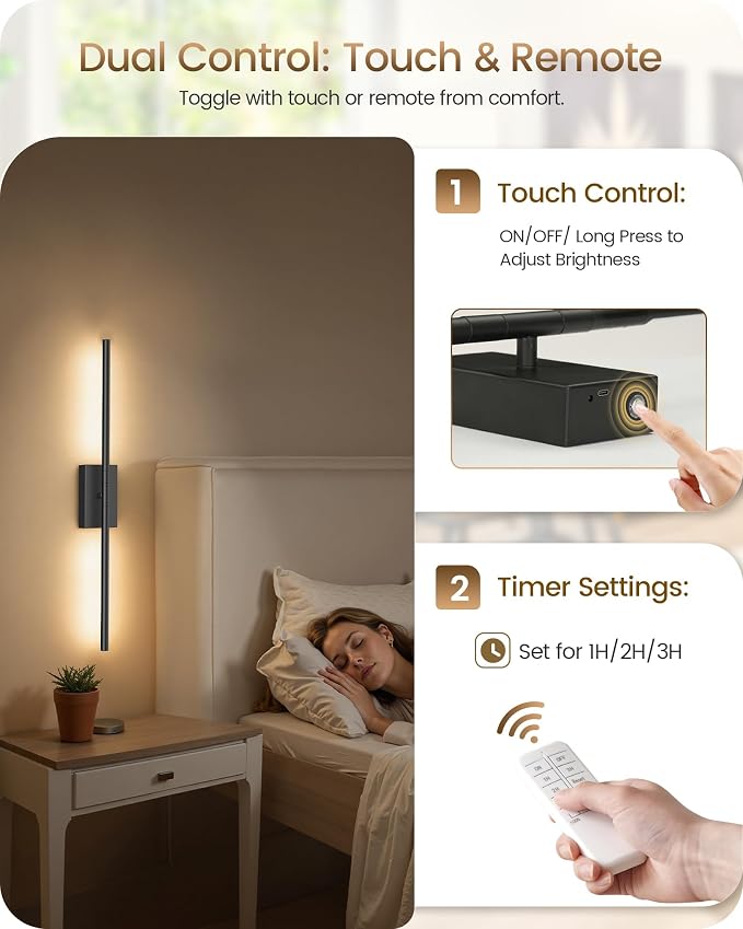 27.6" Wireless Wall Sconces Battery Operated Set of 2, Rechargeable Lamps with Remote, 360° Rotation, 10000mAh, Touch Dimmable Lights for Bedroom, Living Room, Hallway, Black B06YBP205