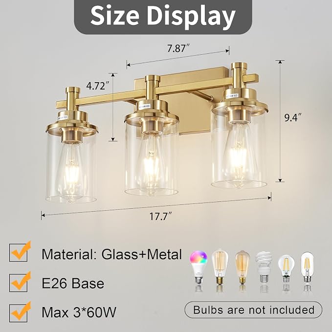 3 Light Gold Bathroom Vanity Light Over Mirror, Brushed Brass Vanity Light Fixture Modern Bath Wall Sconce Lighting Wall Mount Light Over Mirror for Vanity Table, Mirror, Bathroom