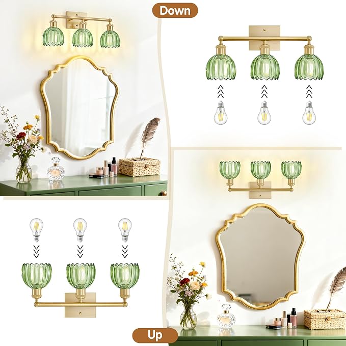Bathroom Light Fixtures Over Mirror,3 Light Vintage Bathroom Vanity Lights,20 in Brushed Brass Antique Vanity Light with Green Tulip Glass Shade for Bedroom, Living Room, Foyer,E26 Base