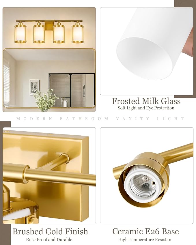 4-Light Brushed Gold Bathroom Light Fixtures with Milk White Frosted Glass, 29" UL-Listed Modern Wall Sconce Over Mirror with Metal Cage for Bath, Hardwire E26, OS-3014BGW-4W