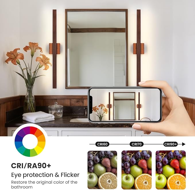 Modern Bathroom Light Fixtures Over Mirror, 32 Inch Brown Wood Finish Vanity Light Bar 26W Dimmable 5CCT LED Vanity Lights for Bathroom Wall Lighting Fixtures Over Mirror