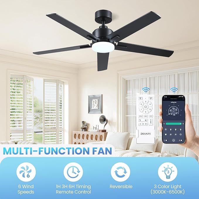 52 Inch Black Ceiling fan with Lights, Ceiling Fan with Lights and Remote/APP Control, Reversible, Dimmable, 3CCT, Quite Fan for Living Room, Bedroom, Indoor Outdoor Use