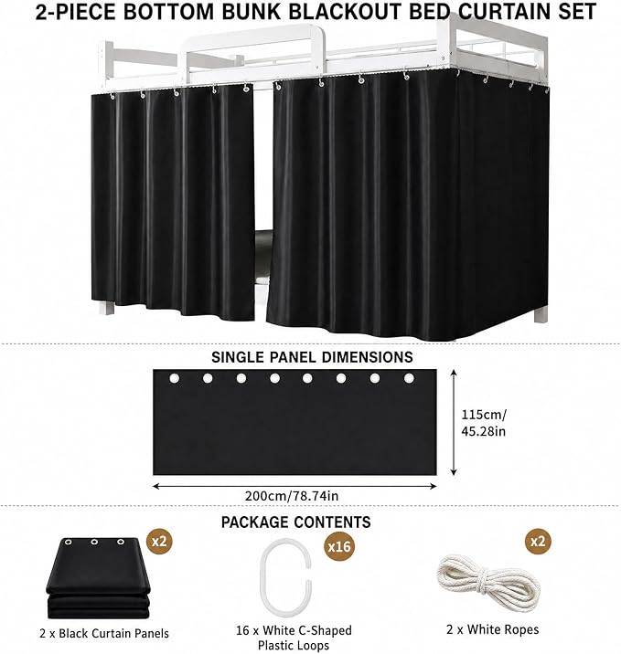 Dorm Blackout Privacy Bottom Bunk Bed Curtains - 2 Panels 78.7"x45.3", No Drill Installation for Twin Loft Beds, Light Blocking Under Bed Canopy with Hanging Hooks & Ropes