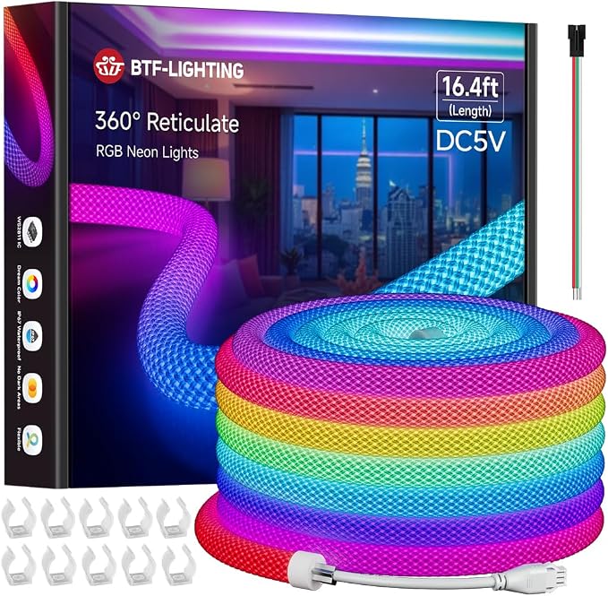 BTF-LIGHTING 16.4FT WS2811 WS2812B IC RGB DC5V 360 Degree Round Reticulate Pattern Chasing Color Neon LED Strip Flexible Nylon Silicone IP67 Waterproof Dream Color Rope Light(No Adapter or Controller)