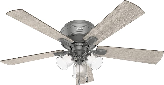 Hunter Crestfield, Indoor, Ceiling Fan, Quiet, 52 inch, Matte Silver | with LED Lights and Pull Chain, Low Profile Flush Mount, 5 Blades, For Bedroom, Living Room, Kitchen, 51020