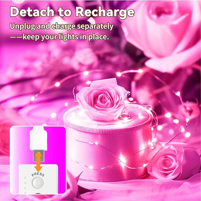 ZSJWL Rechargeable Fairy Lights with DIY Timer & 8 Modes, 16FT 50LED String Lights Battery Operated Indoor, Twinkle mini Lights for Bedroom Christmas Wedding Centerpiece Decor (Pink)