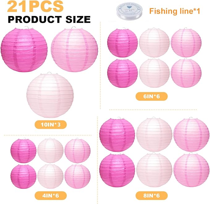 21 Pcs Pink Paper Lanterns Party Decorations, 4/6/8/10 Inch Round Chinese Hanging Paper Lanterns for Valentine's Day, Wedding, Birthday, Graduation, Classroom Ceiling Decorations Indoor Outdoor
