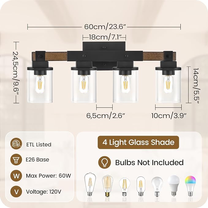 4-Light Bathroom Light Fixtures, Farmhouse Vanity Lights for Bathroom with Glass Square Shade, Rustic Vanity Lights, Sconce Wall Light, E26 Base (Bulbs Not Included), ETL Listed FS09BD05