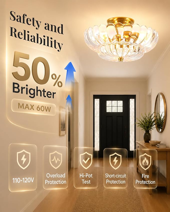 Semi Flush Mount Ceiling Light Fixture 14" Vinatge Gold Ceiling Lights Mid Century Modern Clear Glass Close to Ceiling Lighting Fixtures for Bedroom Hallway Kitchen Laundry Room Bathroom