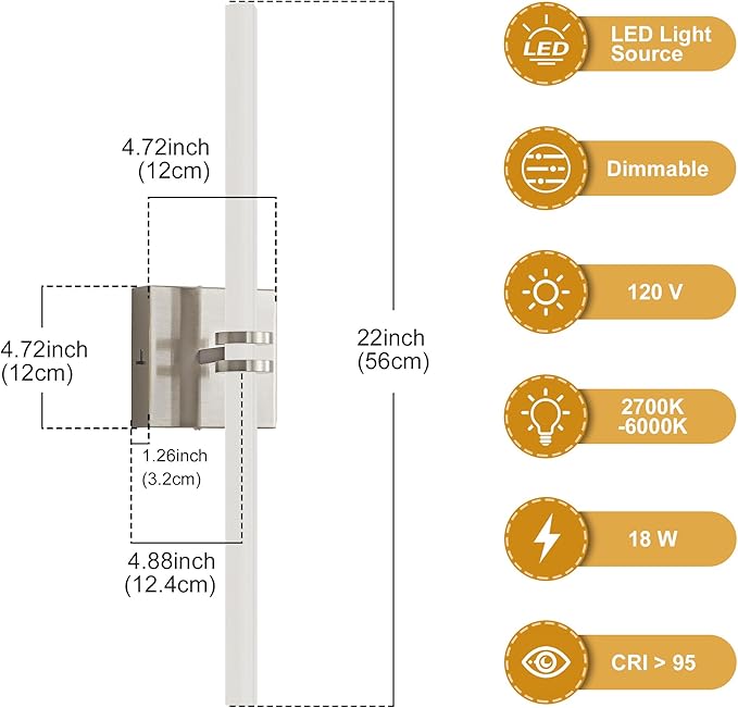 Bathroom Light Fixture LED Vanity Light 22" 5CCT Wall Sconce 18W | LED Dimmable Wall Light Nickel Modern 360° Lighting, Hardwired Vanity Light for Bathroom Mirror, Flicker-Free