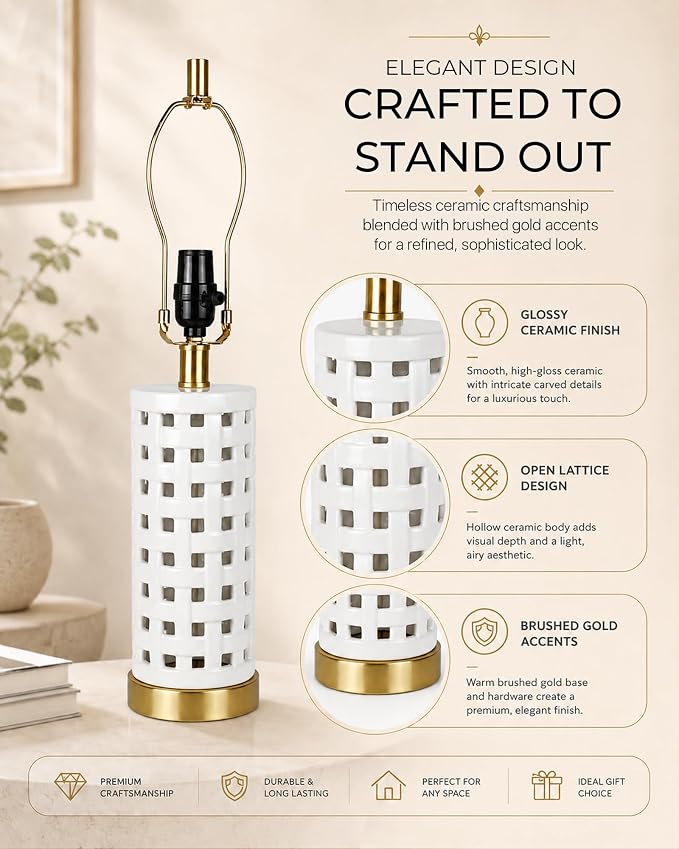 Alethiea 21" Ceramic Table Lamp with Dual Lighting, Hollow Square Base with Built-in Ambient Light, Farmhouse Bedside Nightstand Lamp with Fabric Shade for Bedroom Living Room