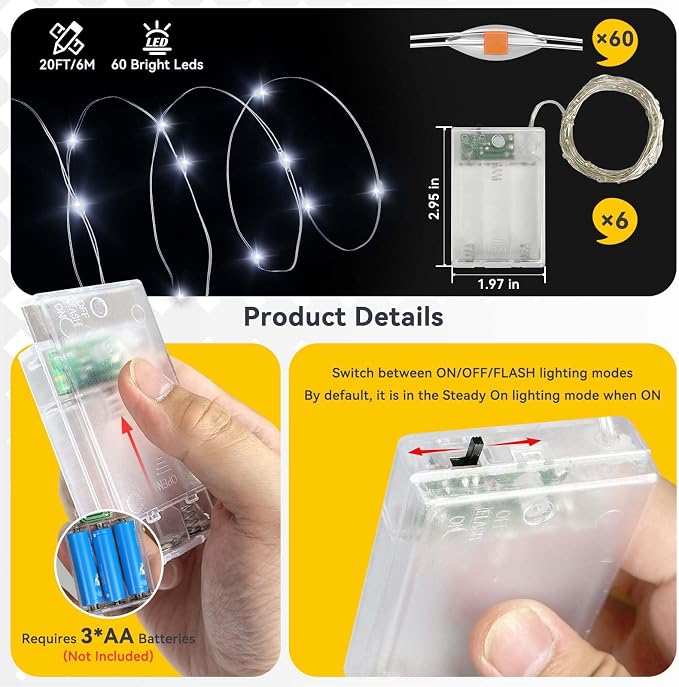 LitHome 6 Pack Cool White Fairy Lights Battery Operated, Each 20 FT 60 LED | Twinkle Lights Battery Operated 2 Modes, Waterproof Fairy String Light for Classroom Bedroom Indoor Christmas Wedding Decor