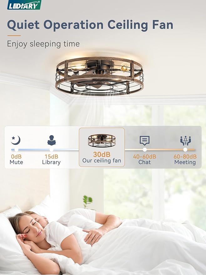 LEDIARY 23" Caged Ceiling Fan with Light and Remote, Low Profile Flush Mount Fandelier, Black Gold Bladeless Enclosed Small Fan Lights Ceiling Fixtures, Rustic Farmhouse Style for Bedroom, Outdoor