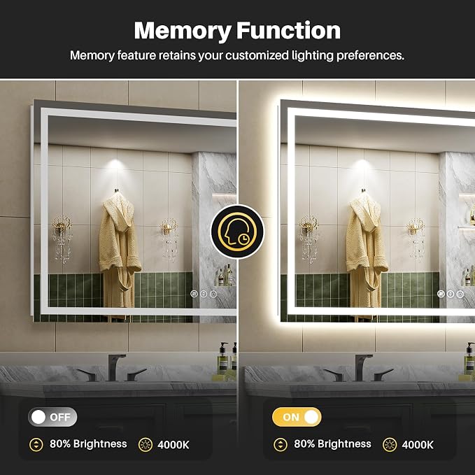 66x40 Inch LED Bathroom Mirror with Lights, Backlit & Front Lit | Anti-fog, 3 Color Dimmable, Memory Function, HD Reflection Tempered Glass, ETL Listed, IP54 Waterproof