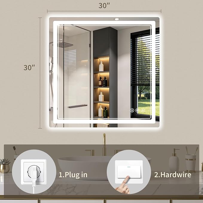 30"x30" LED Bathroom Mirror with Lights, Backlit + Front Lit, Anti-Fog, Lighted Bathroom Mirror for Wall, HD Shatterproof Tempered Glass, Dimmable, Memory Function (Horizontal/Vertical)