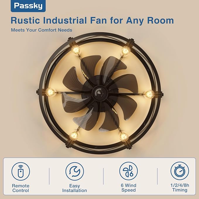 Passky 24" Caged Ceiling Fans with Lights and Remote, Low Profile Fandelier | Reversible DC Motor, 1/2/4/8H Timer, 6 Speeds, Farmhouse, Quiet Operation, 6 E26 Sockets, For Bedroom, Kitchen, Dining Room