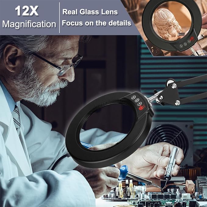 12X Magnifying Glass with Light, Krstlv Upgrade Button 5 Color Modes Stepless Dimmable 2-in-1 LED Lighted Desk Lamp & Clamp, Hands Free Magnifier with Light and Stand for Craft Hobby Repair Close Work