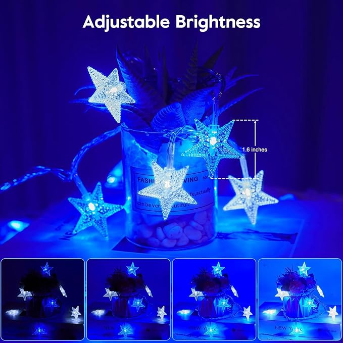 Minetom 33ft Blue and White Star String Lights Plug in | 100 LED, Remote and Timer, 8 Modes, Waterproof for Tent Loft Bed Backyard Patio Balcony Staircase Classroom Decor