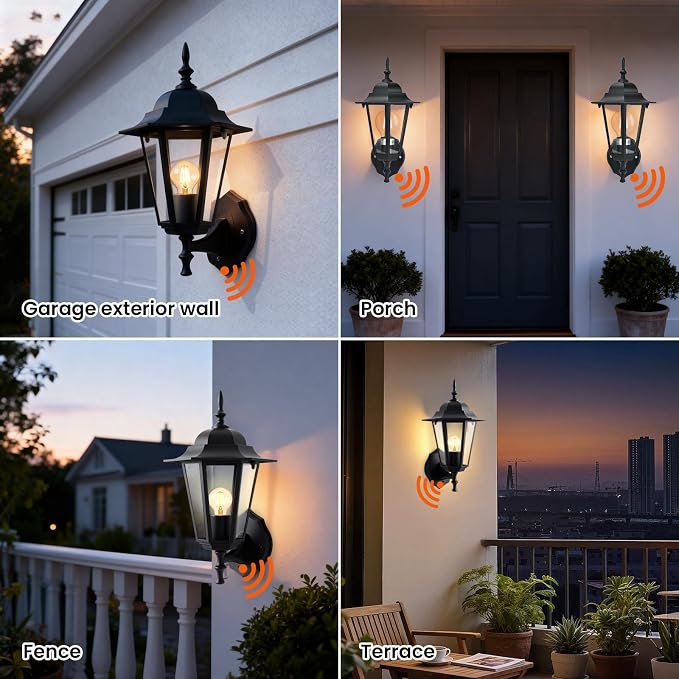 14.4"H Dusk to Dawn Outdoor Wall Light, Black Exterior Garage Lighting Fixtures, Outdoor Porch Light Wall Mount, Modern Outside Wall Lantern Sconce Sensor Dusk Dawn Light for House, 2 Pack, E26 Base