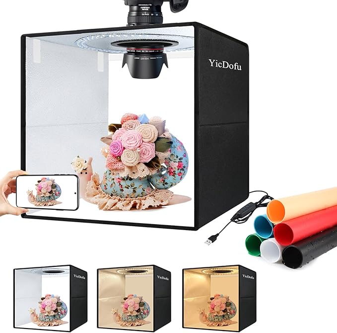 12''x12'' Foldable Photo Light Box Studio Kit with 120 LED Ring Light 3 Lighting Modes & 6 Color Backdrops Portable Shooting Tent for Product Photography Jewelry Small Items