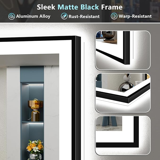 24x30 Black LED Bathroom Mirror, Backlit & Front Lit Lighted Mirror | Metal Framed Anti-Fog Vanity Mirror with Lights, 3 Color Dimmable, Memory, Tempered Glass, CRI95, IP54, Horizontal/Vertical