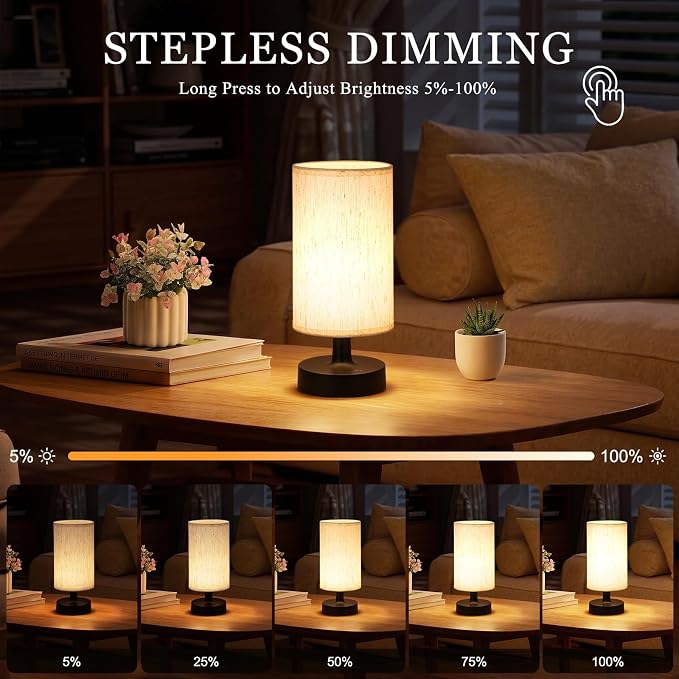 Kakanuo Small Cordless Table Lamp with Rechargeable Battery, Black, 1 Pack | Touch Stepless Dimming, 3000K Warm Light, Beige Fabric Shade, 30H at Full Brightness, for Bedside, Bedroom and Living room