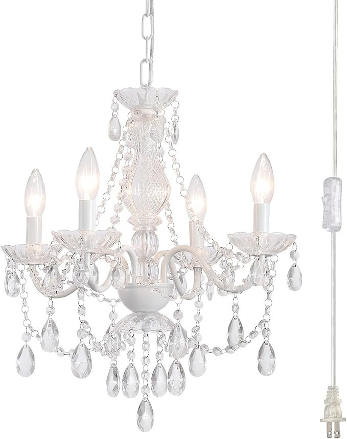 Plug in Crystal Ceramic White Chandelier, Glass Chandeliers,White crystal Hanging Pendant Light with Clear Cord and On/Off, 4 Light Crystal Chandelier for wedding, Kitchen, Dining,Foyer, Mini room