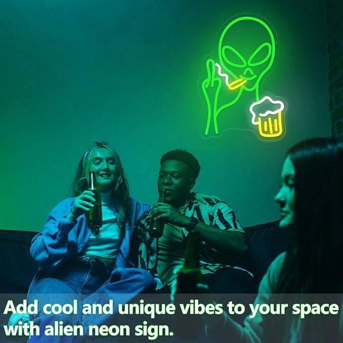 Green Alien Neon Sign, Beer Bar Alien Neon Light for Wall Decor, Dimmable LED Lights Signs for Bedroom Man Cave Game Room Home Bar Party Decoration,USB Powered Alien Light up Sign for Kids Teen Boy Birthday Christmas Presents