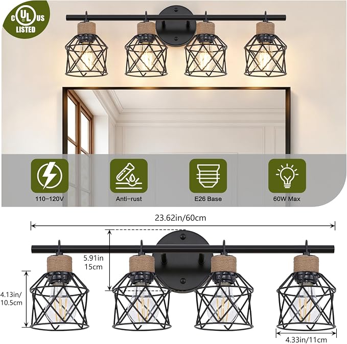 4-Light Farmhouse Vanity Light Fixtures, Bathroom Lighting Fixtures Over Mirror, Rustic Vintage Black Wall Sconces Lights with Elegant Metal Lampshade for Mirror, Bedroom, Living Room, Hallway