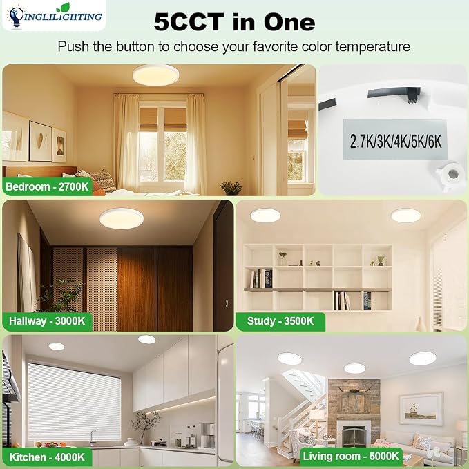 LED Flush Mount Ceiling Light: 12 inch 6Pack Super Slim Dimmable & 5CCT (2700-6500K) Kitchen Lighting Fixtures Ceiling - 24W White Low Profile Ceiling Lamp for Bedroom Garage Hallway