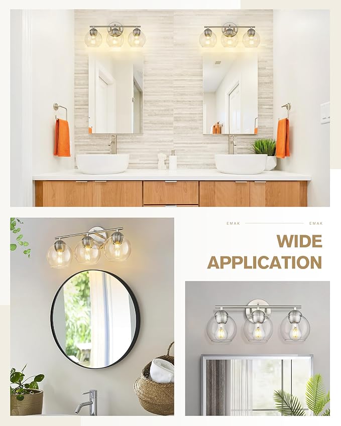 Emak Modern Brushed Nickel Bathroom Light Fixtures, 3-Light Globe Vanity Lights with Clear Glass Shade, VL114-BN-3