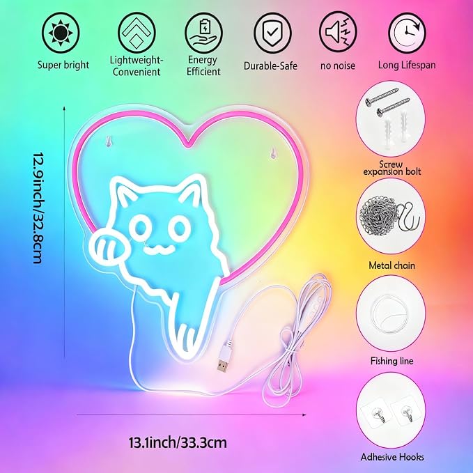 Cat Neon Sign Dimmable LED Animal Neon Light for Bedroom Kids Room Decor | Cute Cat Theme Design for Pet Lovers Kids Room Bedroom Dorm Playroom Nurseries and Animal Lovers Gift Ideas Home Decoration