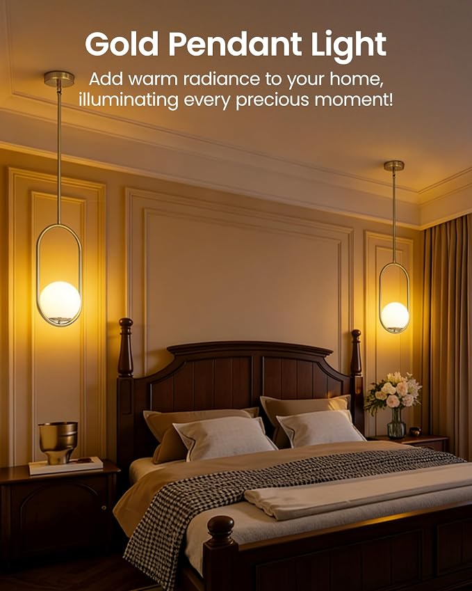Yunnix Pendant Lights Kitchen Island, Pendant Light Fixtures, 2 Pack Modern Brushed Gold Globe Glass Pendant Lighting, Brass Mid Century Chandelier One Light for Bathroom Bedroom Dining Room