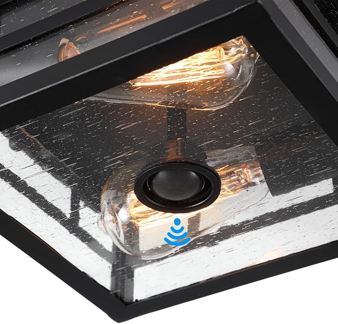 CALOKES Outdoor Flush Mount Motion Sensor Ceiling Light - Timeless Industrial Design with Seeded Clear Glass for Your Porch, Driveway, Covered Patio, Farmhouse, and Entryway