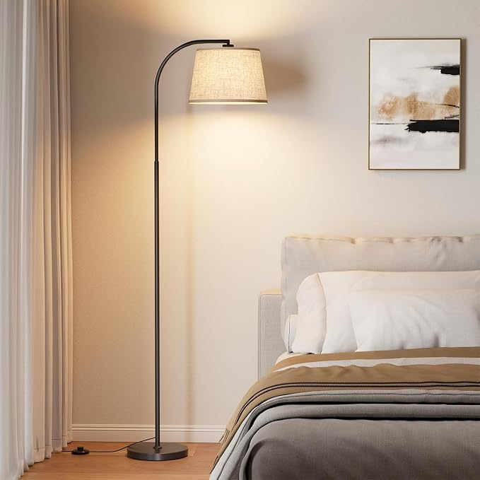 Karjoefar 64" 3 Color Dimmable Black Arc Floor Standing Lamp with Remote | Adjustable & 350°H/180°V Rotatable Linen Shade, Stepless Dimmable Lighting, 9W Bulb Included, Ideal for Bedroom & Office