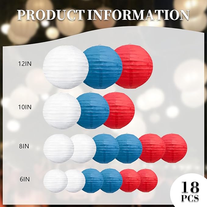 20Pcs Red Royal Blue White Paper Lanterns for Parties, 6” 8” 10” 12” Chinese Asian Hanging Round Paper Lanterns for 4 of July, Independence Day Home Decor Party Decor