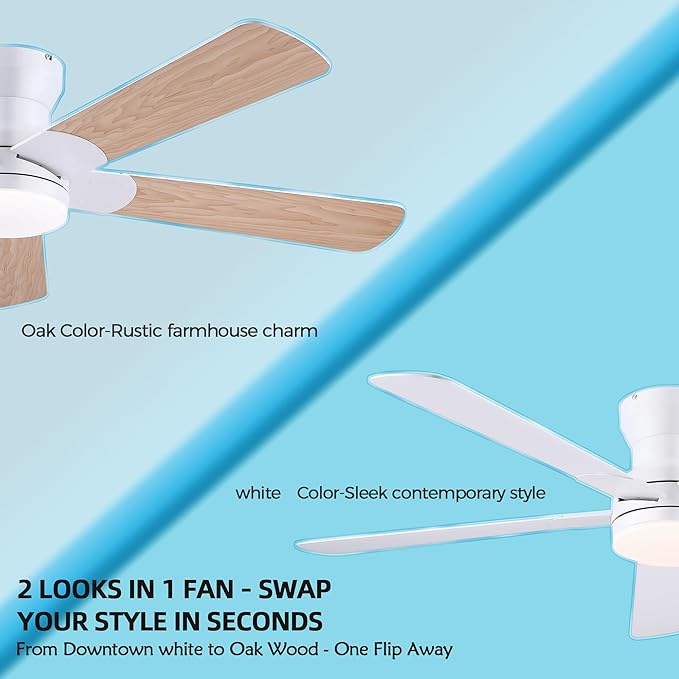 52" White Ceiling Fans with Lights and Remote/APP - Flush Mount Low Profile Ceiling Fan with 5 Reversible Dual-Sided Blades, Dimmable, 1/2/4H Timer, Modern Indoor Fan Light for Kitchen, Bedroom