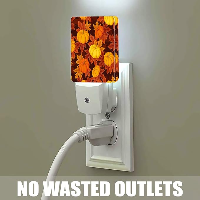 Autumn Pumpkins Leaves Night Light Plug in Wall Lamp Smart Dusk to Dawn Sensor for Home Decorative, Kids Room Bedroom Bathroom Kitchen Hallway Gifts
