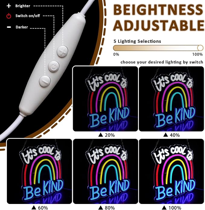 It's Cool To Be Kind Neon Sign for Wall Decor, Rainbow Led Signs for Bedroom, USB Dimmable Colorful Neon Lights for Classroom Home Club Motivational Birthday Party Office Decoration Wall Art