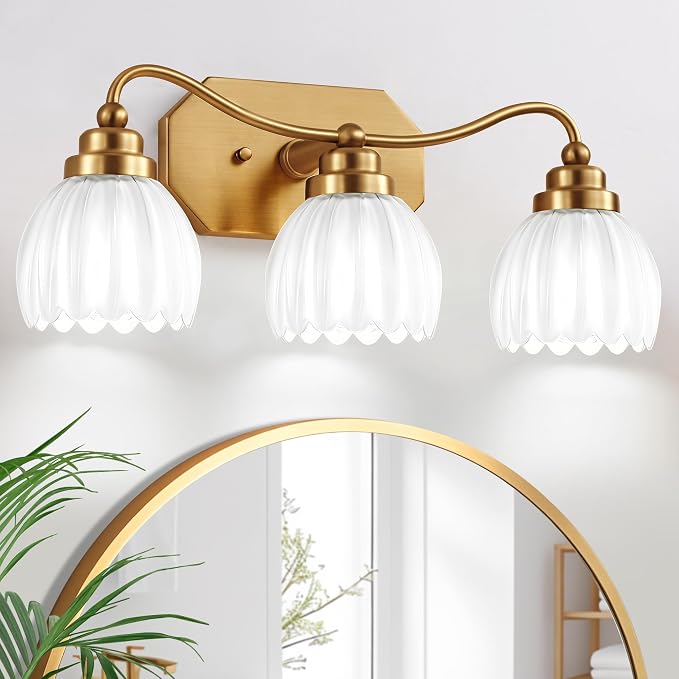 3 Light Gold Vintage Vanity Lights, Antique Brass Finish | Milk White Tulip Crystal Shades,Brushed Gold Bathroom Light Fixtures, Wall Sconce Ideal for Bedroom, Hallway, Easy to Install