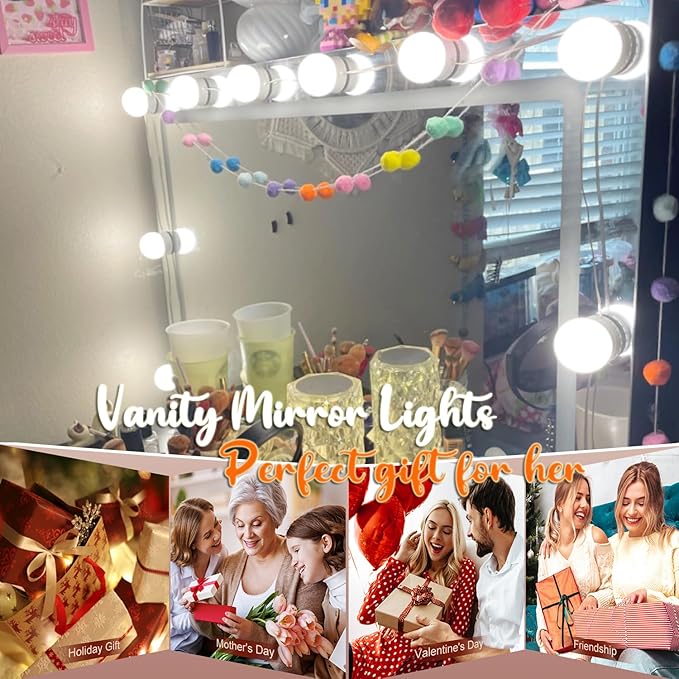 LED Vanity Lights for Mirror,10 Dimmable Bulbs,3000K 4500K 6500K & Brightness Adjustable,Hollywood Mirror Lights for Makeup Dressing Room