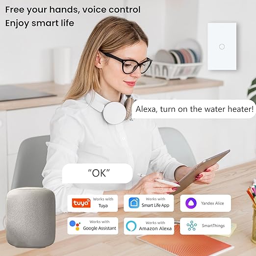 20A WiFi Smart Light Switch,1-Button Single Gang 2.4GHz Wi-Fi Touch Switch, Neutral Wire Required,Work with Smart Life/Tuya App and Alexa,White