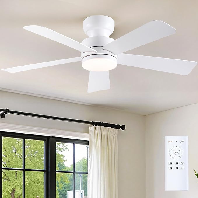 Asyko 46" White Modern Low Profile Ceiling Fan with LED Light and Remote | Flush Mount,Super Large Airflow with 6 Wind Speeds, Reversible, Dimmable 3 CCT LED Light, Quiet 30W DC Motor,2H Timer